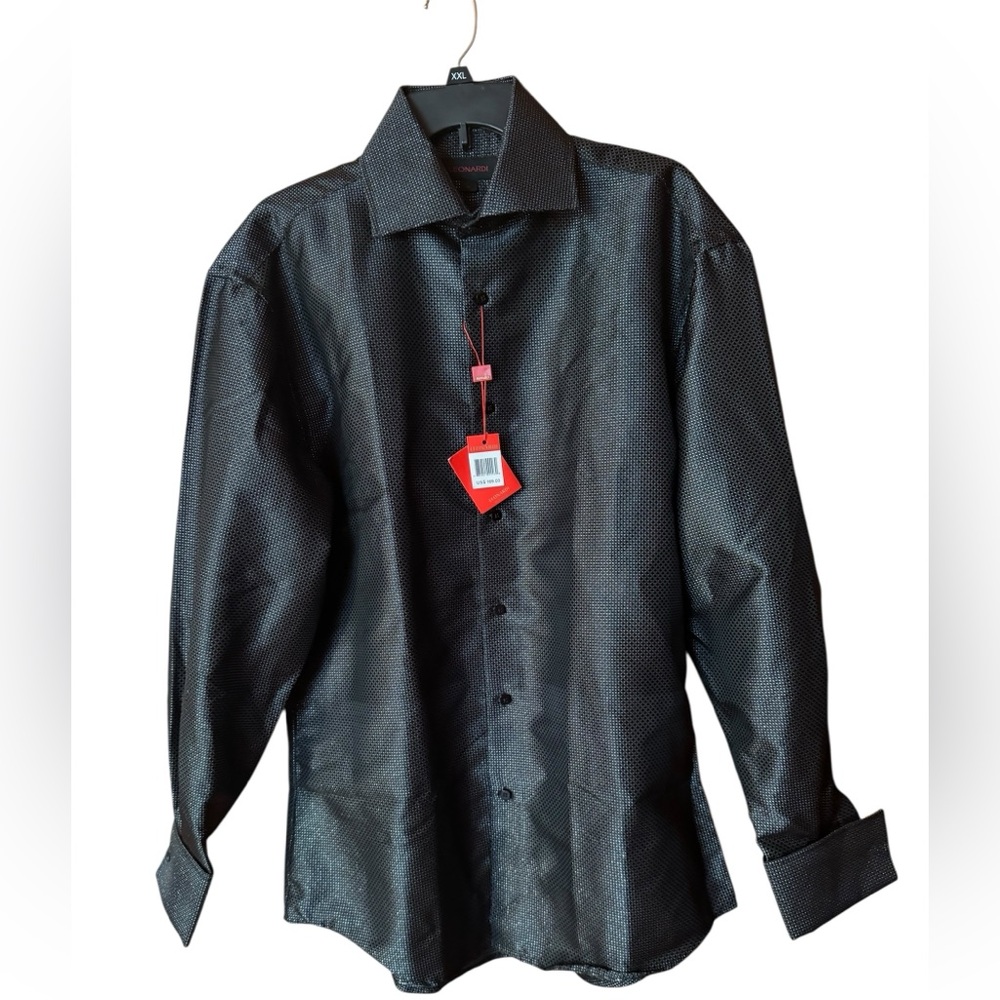 NWT Leonardi Metallic Black Micro Dot French Cuffs Disco Style Button Down Shirt